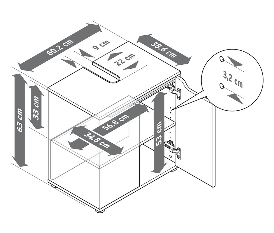 Eine schematische Zeichnung eines Waschbeckenunterschranks mit viel Stauraum und den dazugehörigen Abmessungen.