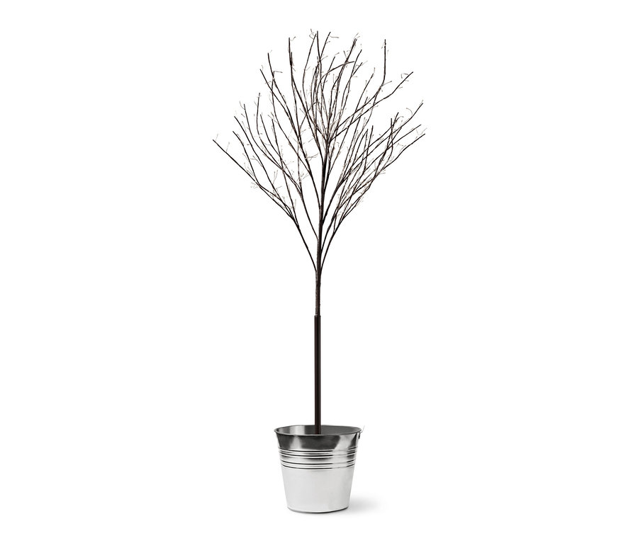 Grosser LED-Baum im Metalltopf.