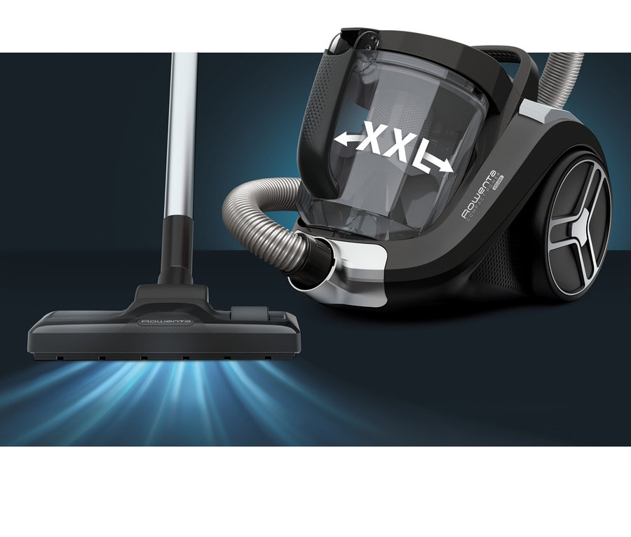 Schwarzer Rowenta Staubsauger Compact Power XXL RO4825 mit transparentem Staubbehälter und silbernem Rohr.