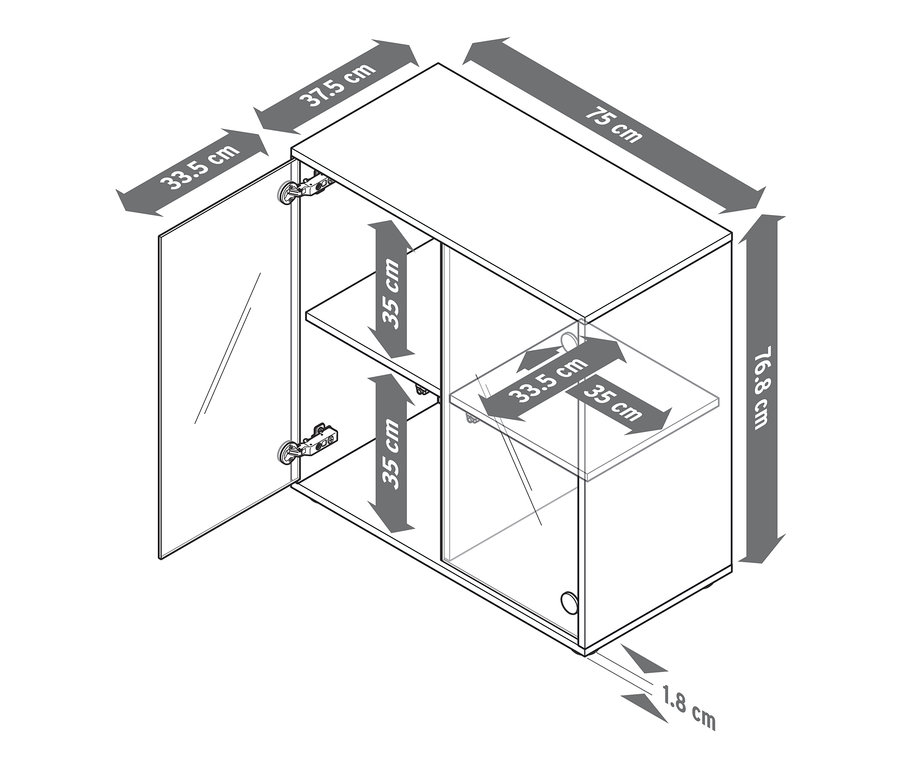 Zeichnung eines Regalmoduls »Flemming«, ca. 75 x 75 cm, mit Glastüren.