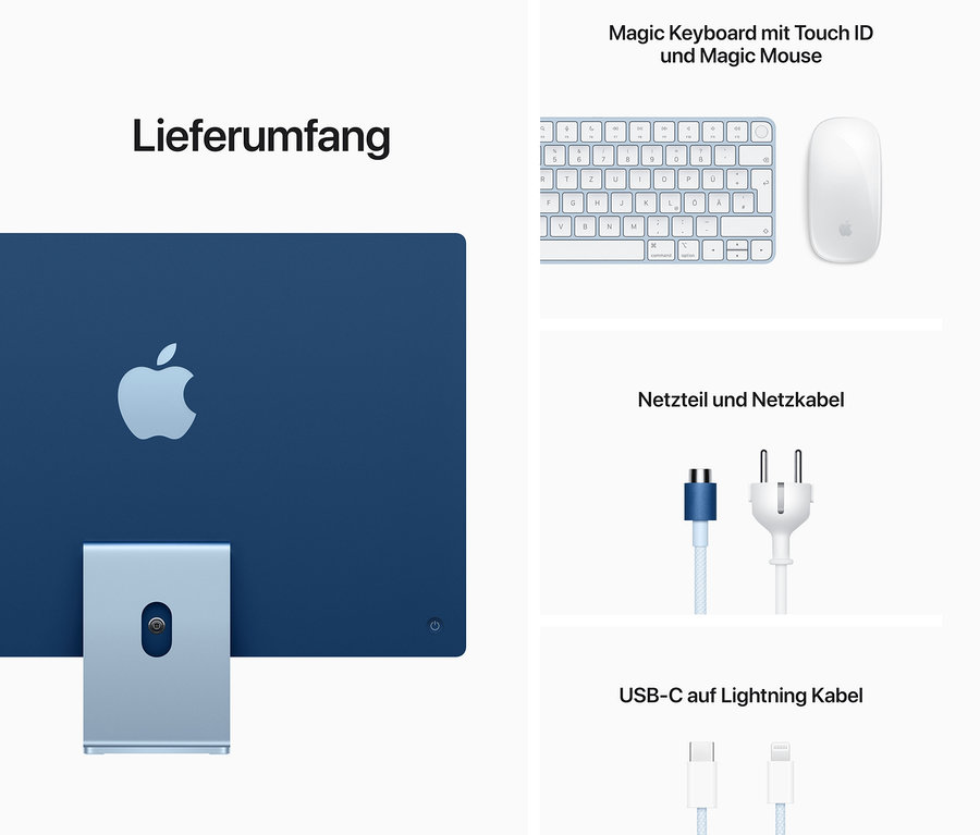 Blauer Apple iMac 24" mit Magic Keyboard, Magic Mouse, Netzkabel und USB-C Kabel.