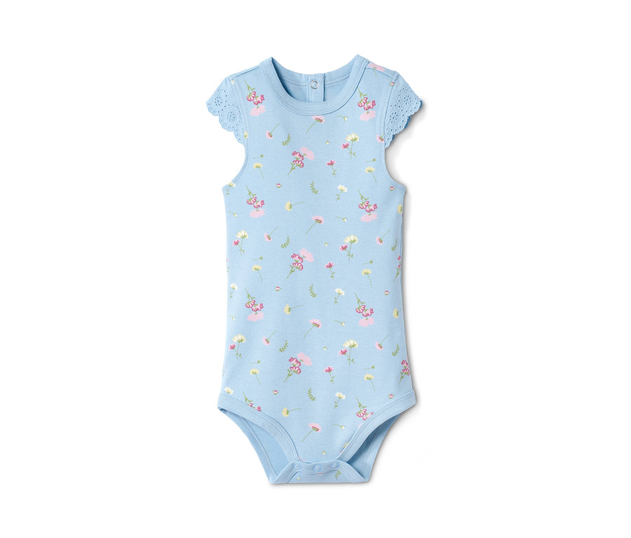 Blauer 3er-Pack Bodys aus Bio-Baumwolle mit Blumenmuster.