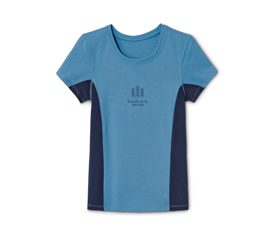 Blaues Funktionsshirt mit kurzen Ärmeln und Baumaufdruck.