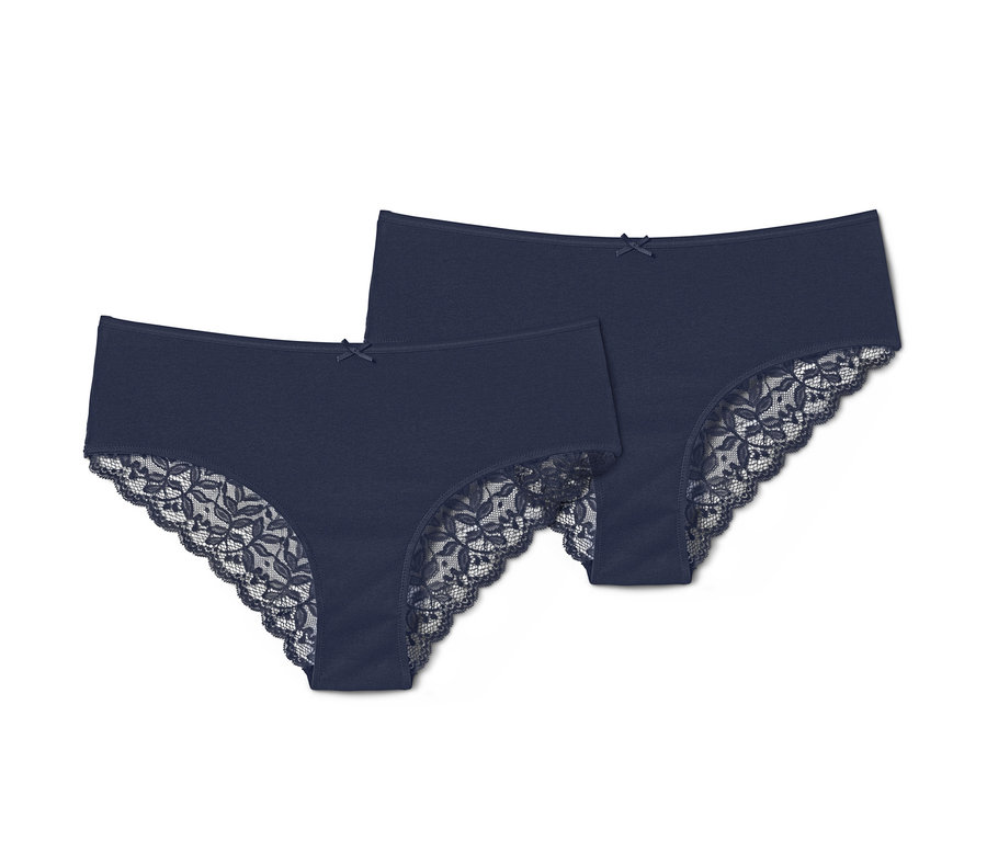 Zwei dunkelblaue Brazilslips mit Spitze.