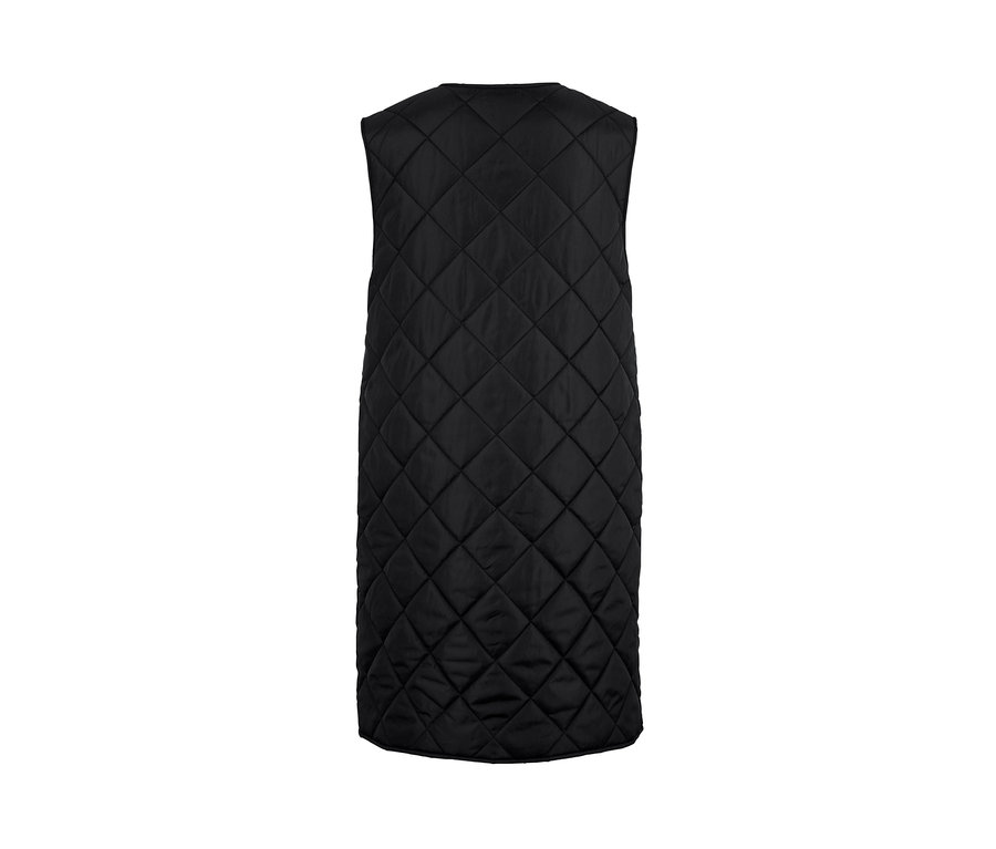 Lange schwarze Steppweste.