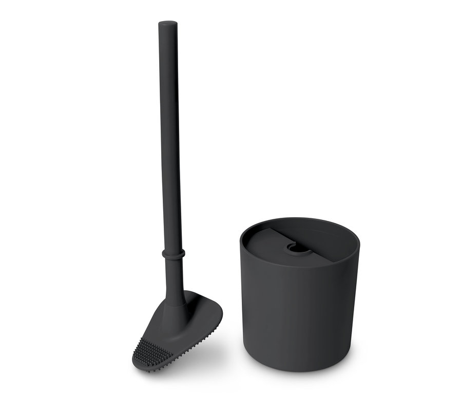 Schwarze Silikon-WC-Bürste neben dem Behälter.