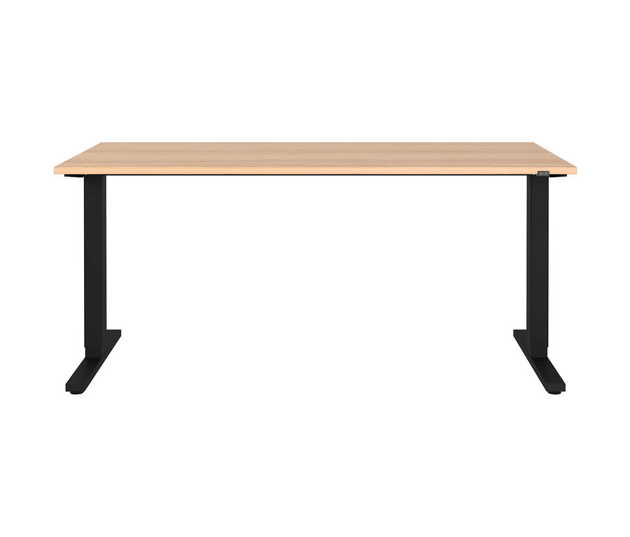 Elektrisch höhenverstellbarer Schreibtisch, Breite ca. 160 cm, mit heller Tischplatte und schwarzen Beinen.