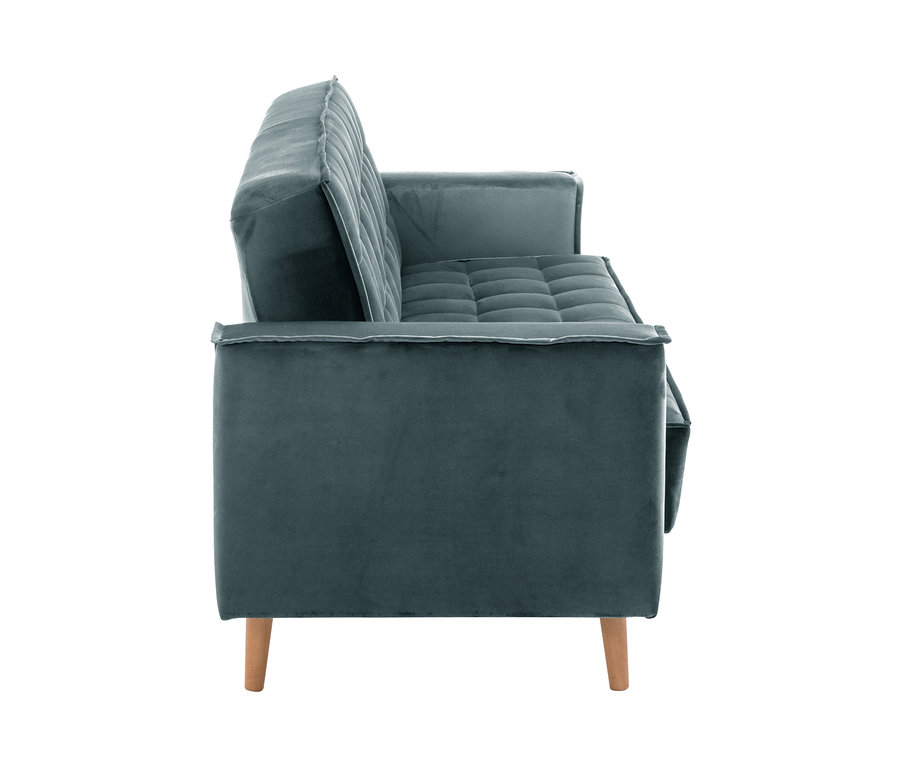 Seitenansicht des azurblauen 3-Sitzer-Schlafsofas »Jolene« von Max Winzer® mit Holzbeinen.