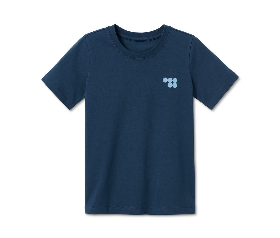 Dunkelblaues Pyjama-T-Shirt aus Bio-Baumwolle mit kurzen Ärmeln und hellblauem Logo.