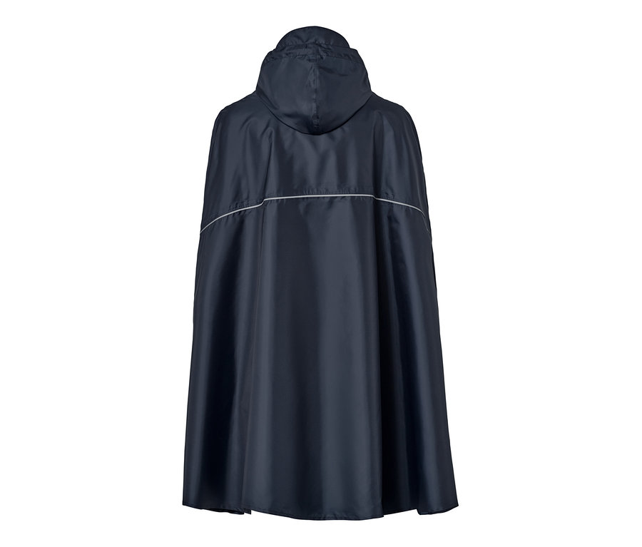 Dunkelblauer Unisex-Regenponcho mit Kapuze und Reflektorstreifen.