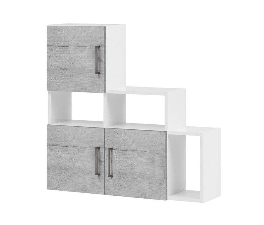 Ein Badezimmer-Hängeschrank »O800Wi Samu« mit zwei grauen Türen und weißen offenen Regalen.