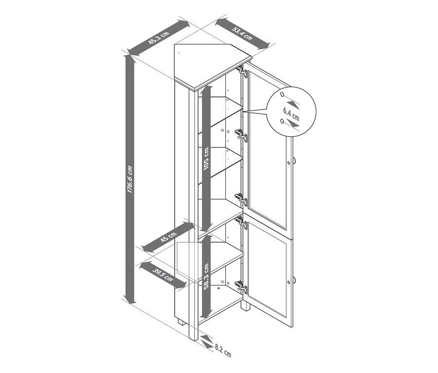 Eine Skizze einer Eckvitrine mit geöffneten Türen und Abmessungen.