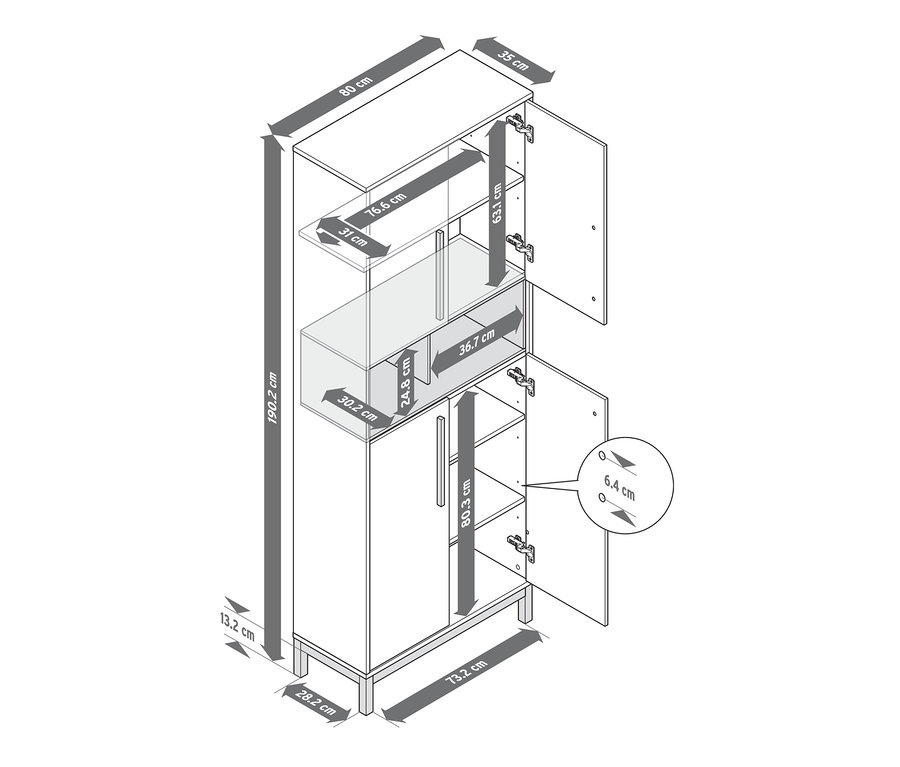 Abmessungen von Bad-Hochschrank »Eklund« in Weiß und Anthrazit mit geöffneten Türen.