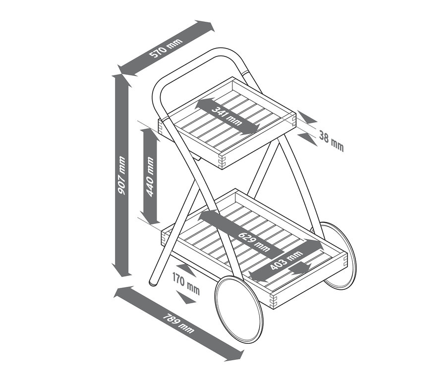 Zeichnung eines Garten-Beistellwagens mit Maßangaben.