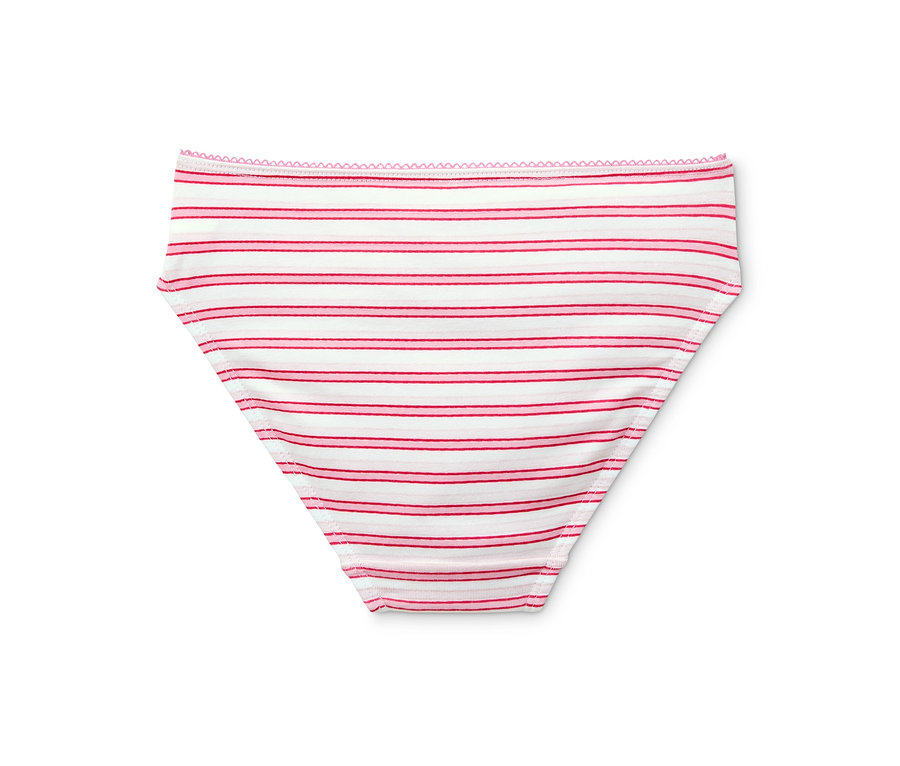 Ein einzelner Mädchen-Slip aus Bio-Baumwolle mit sieben Streifen in Rosa.