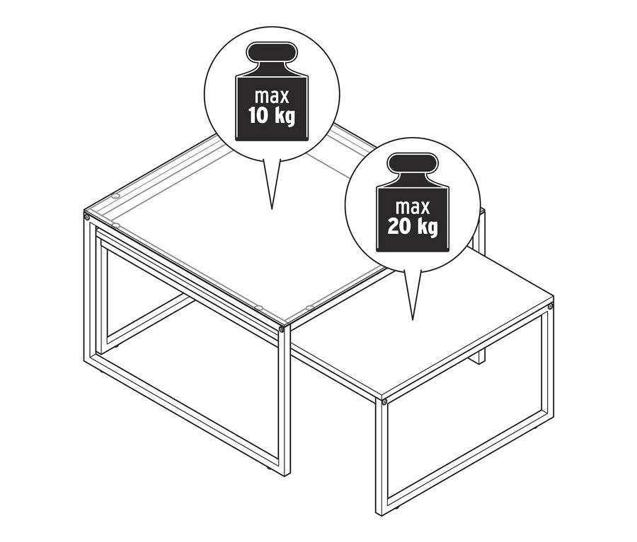 Draufsicht von zweiteiligem Couchtisch-Set mit maximaler Belastbarkeit von 10 kg und 20 kg.