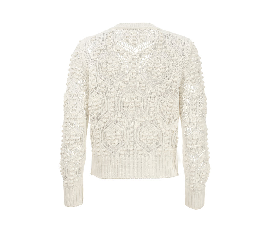 Detailansicht der Rückseite einer cremefarbenen Strickjacke mit Lochmuster.
