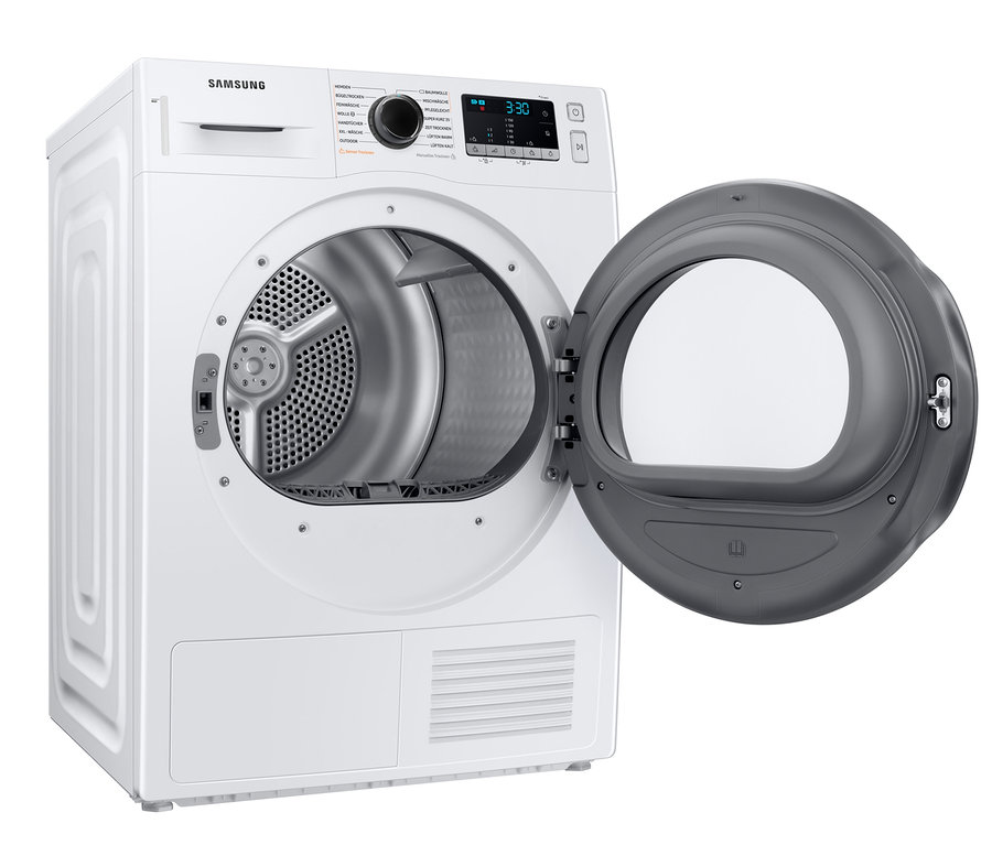 Geöffneter, weißer Samsung Wärmepumpentrockner »DV91TA040AE/EG«.