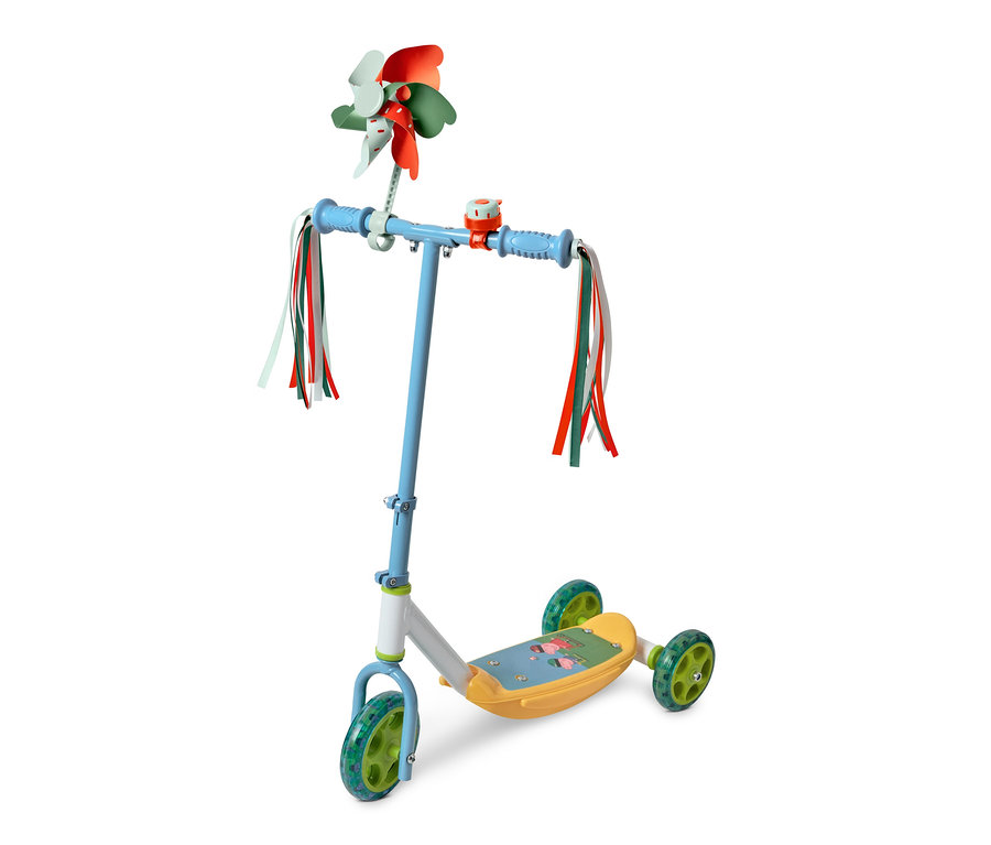 Blau-gelber Roller mit Fahrrad-Deko-Set, inklusive Windrad und bunten Bändern.