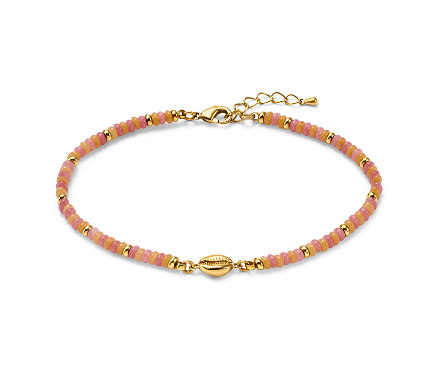 Goldene Fußkette »Beach« mit rosa und orangefarbenen Perlen und einer Muschel in der Mitte.