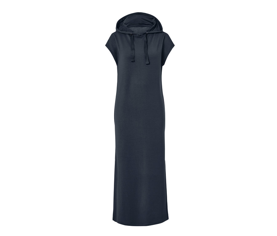 Dunkelblaues Loungekleid mit Kapuze.