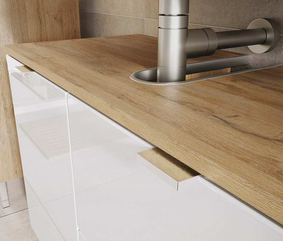 Detail eines Waschbecken-Unterschranks »Mauresa« in Eichen-Nachbildung/weiß.