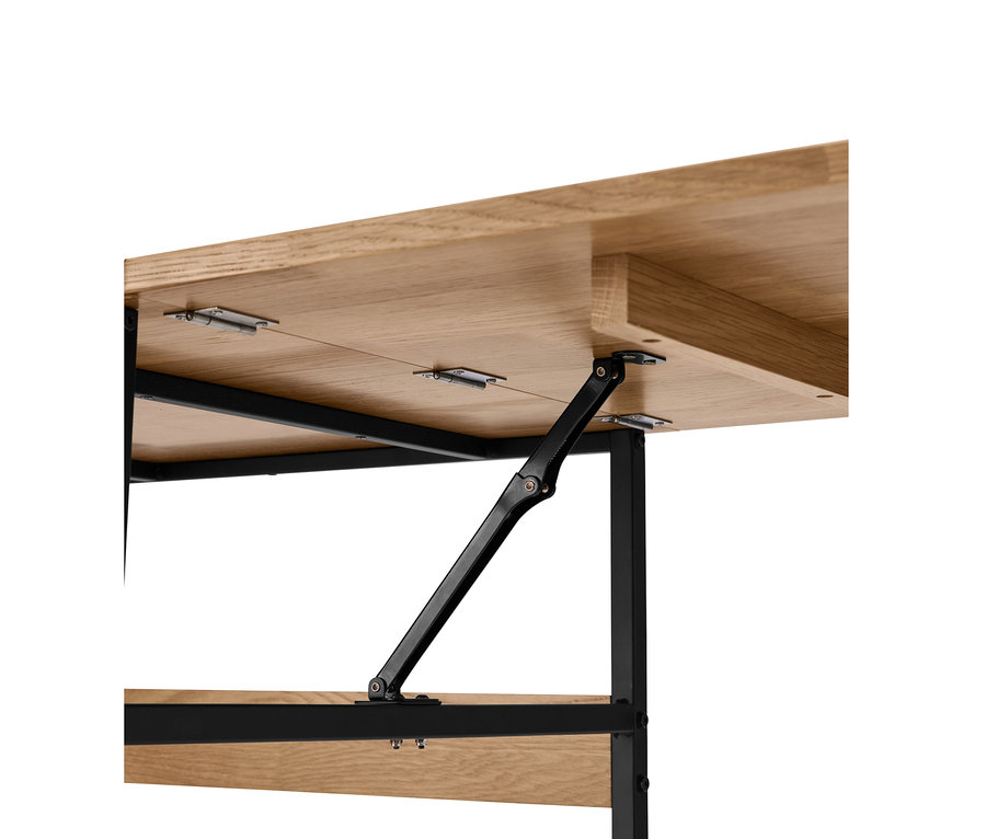 Detailansicht eines erweiterbaren Schreibtischs aus Massivholz mit schwarzem Metallrahmen.