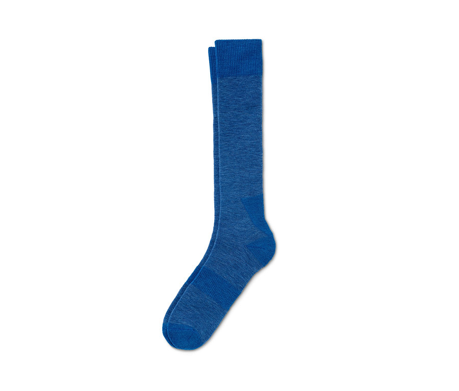Zwei blaue Thermo-Kniestrümpfe mit RWS-zertifizierter Wolle auf weißem Hintergrund.