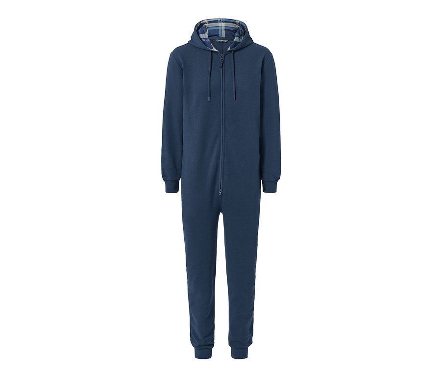 Blauer Lounge-Overall in weicher Sweat-Qualität mit Kapuze und Reißverschluss.