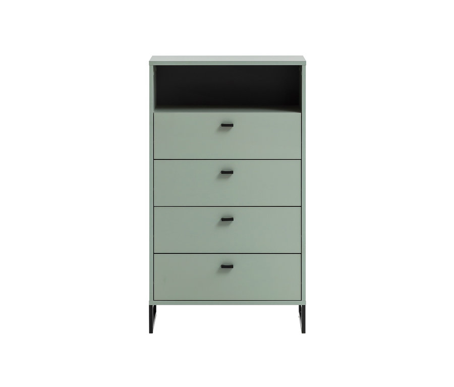 Ein pistazienfarbenes Highboard »Janne« mit vier Schubladen und einem offenen oberen Fach.