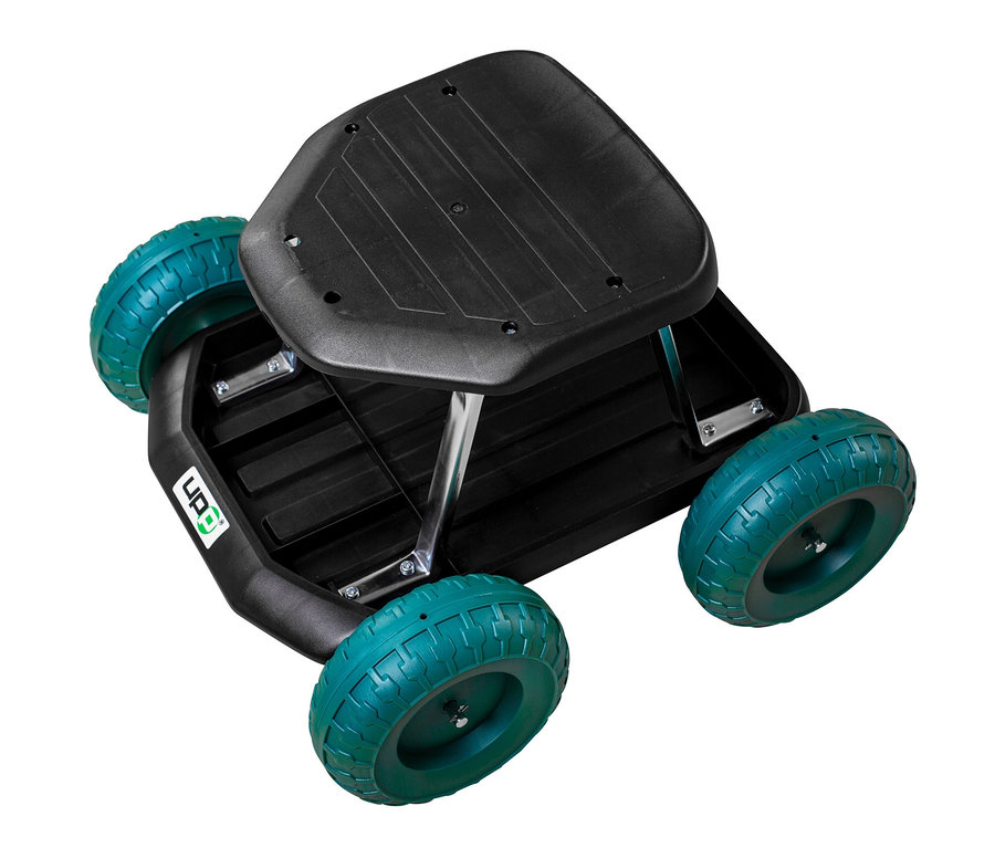 Detailansicht eines grünen Rollsitz-Gartenwagens.