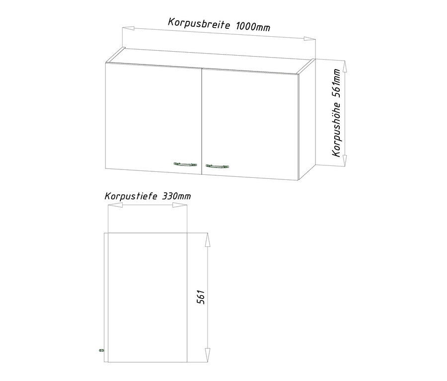 Skizze von Respekta Miniküche mit Oberschränken, ca. 100 cm, weiß und grau.