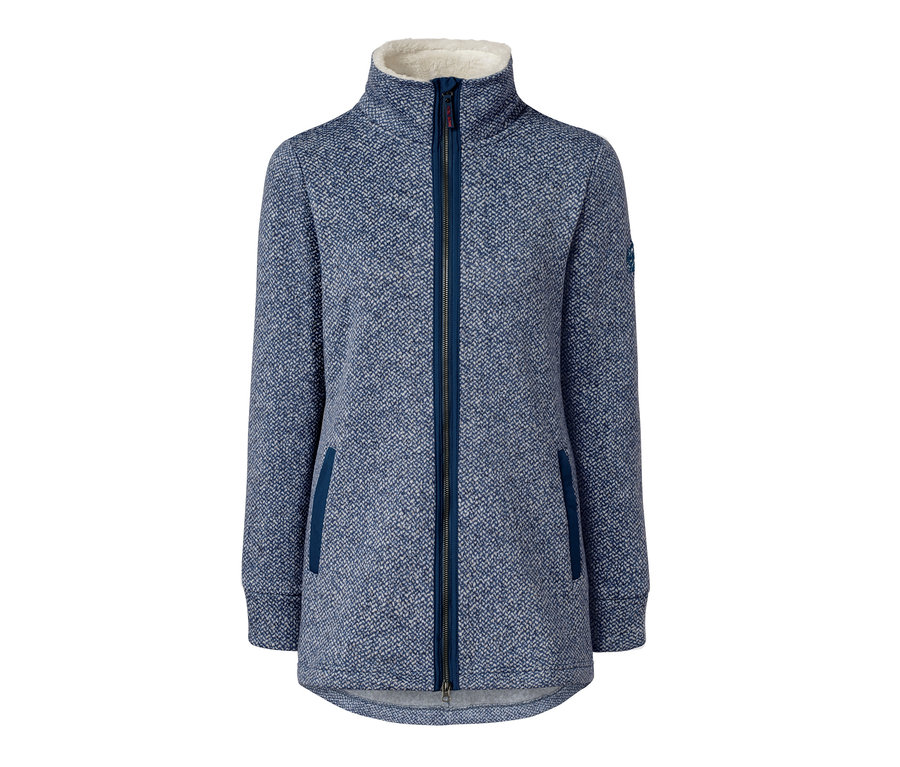 Blauer Strickfleece-Mantel mit silbernem Teddyfutter.