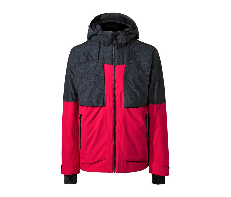 Graue und rote High-End-Skijacke mit Reißverschluss.
