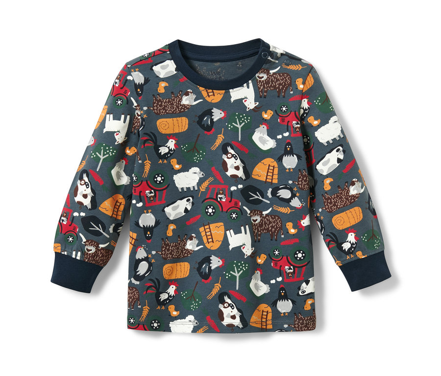 Schieferblauer Kleinkind-Pyjama mit Bauernhoftier- und Traktormuster.