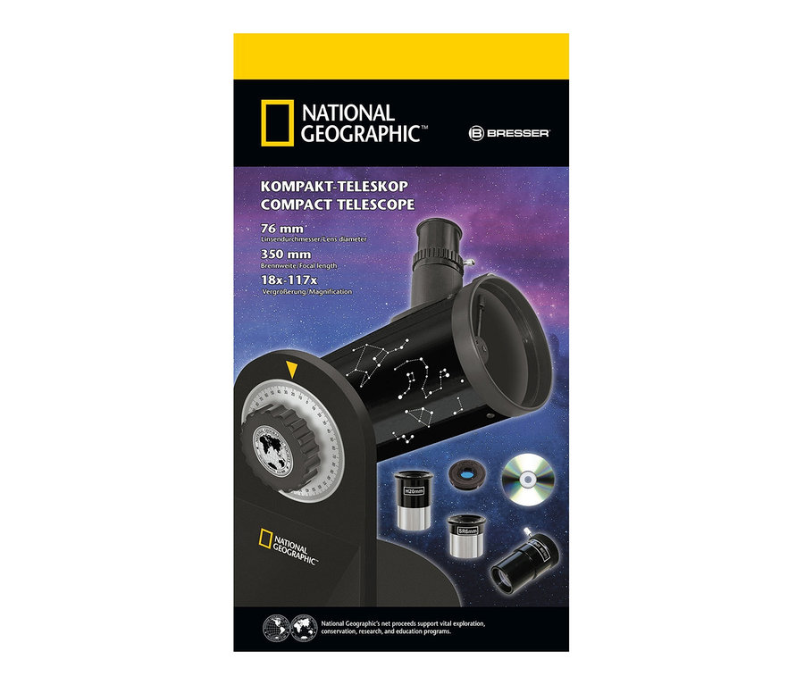 Schwarzes NATIONAL GEOGRAPHIC 76/350 Teleskop mit Mondfilter.