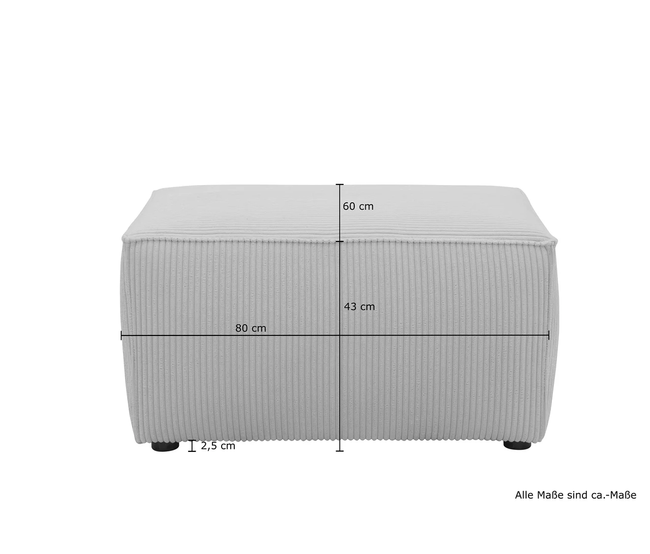 Cremefarbener DOMO collection Hocker Vigo mit Maßangaben.