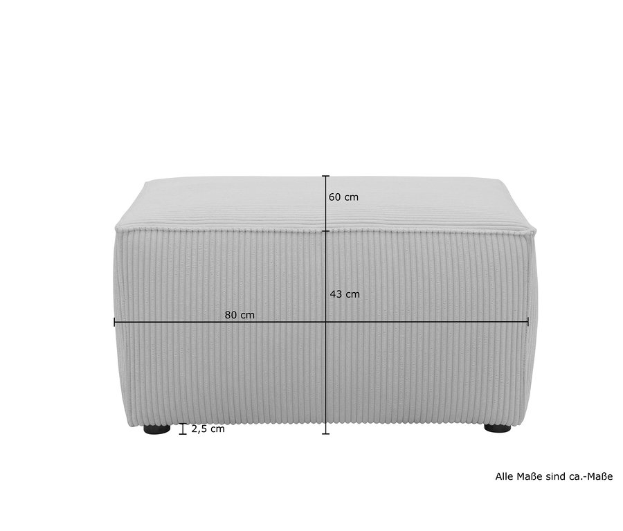 Cremefarbener DOMO collection Hocker Vigo mit Maßangaben.