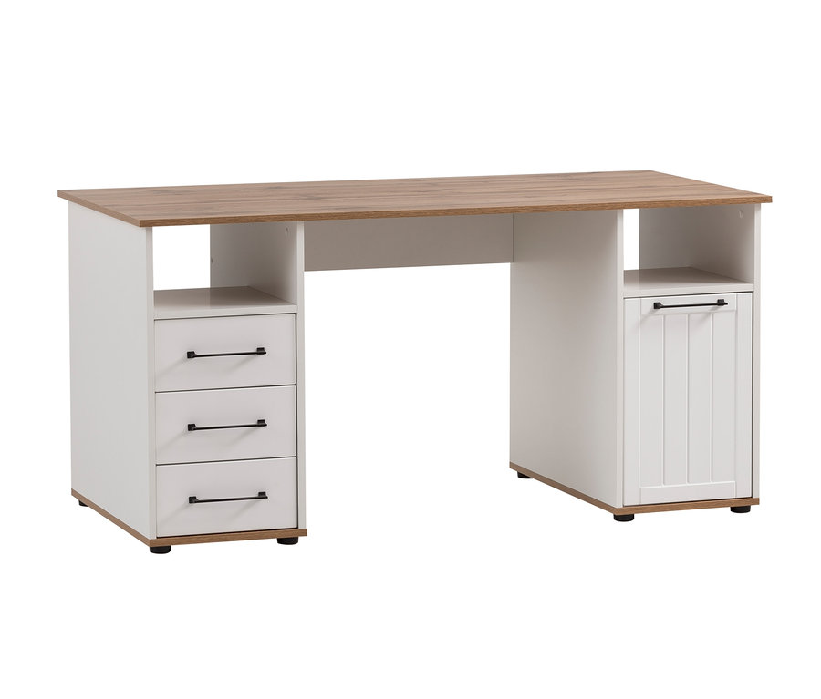 Weißer Schreibtisch »Jelda« mit Holzplatte und Schubladen.