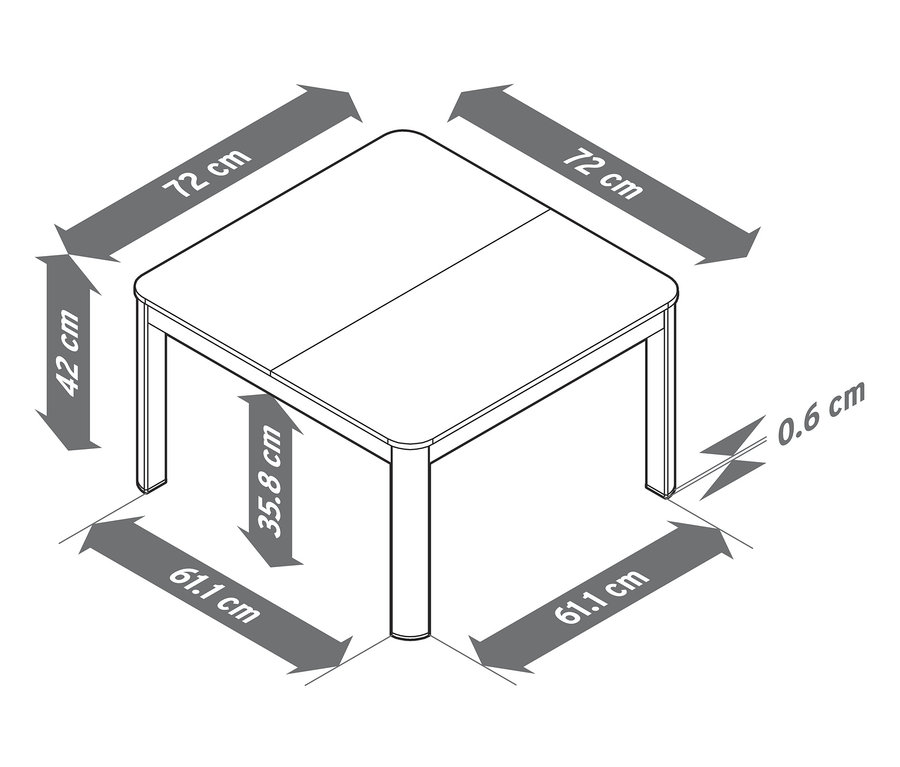 Abbildung einer flexiblen Lounge-Ecke mit Duraboard®-Tischplatten und Bemaßung.