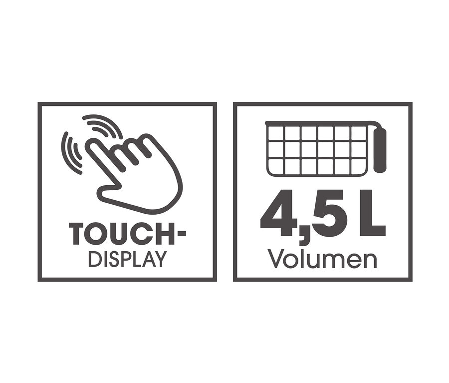 Icons, die einen Touchscreen und ein Volumen von 4,5 l darstellen.