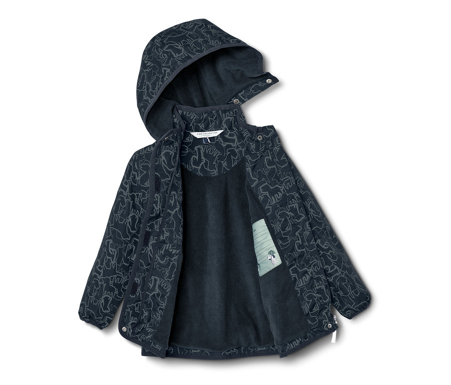 Geöffnete Kinder-Thermo-Regenjacke mit reflektierenden Elementen, Kapuze und dunkelblauem Pferdemuster.