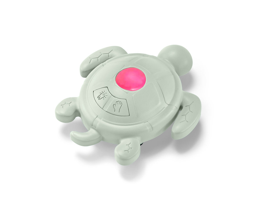 Grauer schildkrötenförmiger Händewasch-und-Zahnputz-Timer mit rosa Licht in der Mitte.