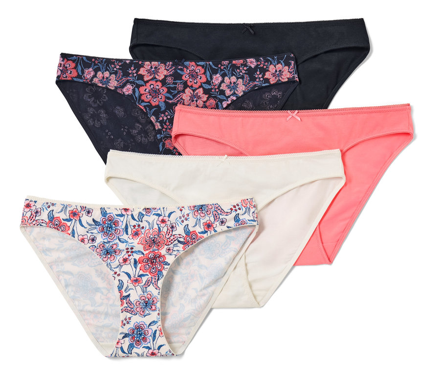 Fünf Slips in verschiedenen Farben und Mustern.