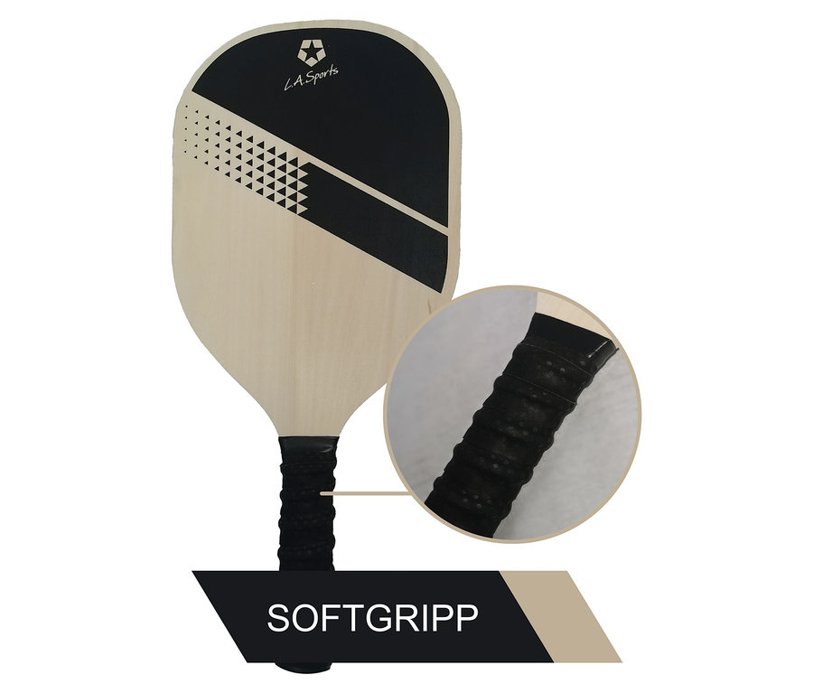 Detailaufnahme von L.A. Sports Paddle-/Pickleball-Set mit schwarzem Griff.