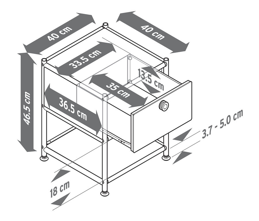 Abmessungen des blauen Beistelltisches »CN3« mit Schublade.