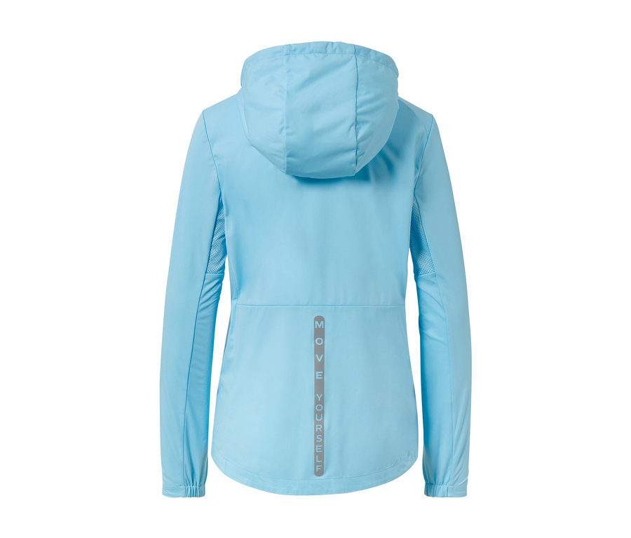 Rückansicht einer hellblauen Laufjacke.