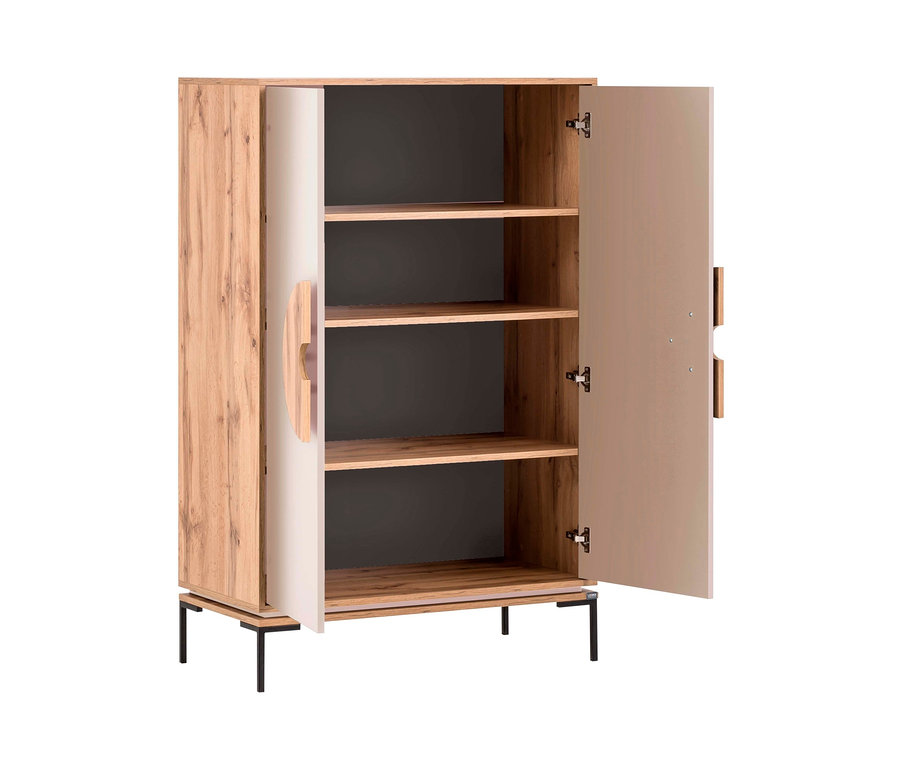 Ein beiges Highboard mit Holzregalen steht mit offenen Türen. Im Hintergrund ist das "LOOKS by Wolfgang Joop Highboard mit Griffapplikation" zu sehen.
