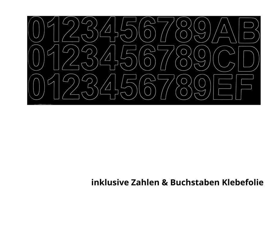 Schwarzes Rechteck mit drei Reihen weißer Zahlen und Buchstaben.