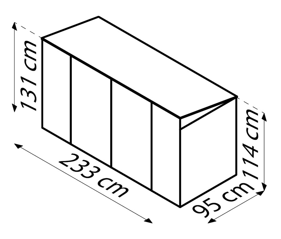 Illustration einer Gerätebox mit den Maßen 233 cm x 95 cm x 131 cm x 114 cm.
